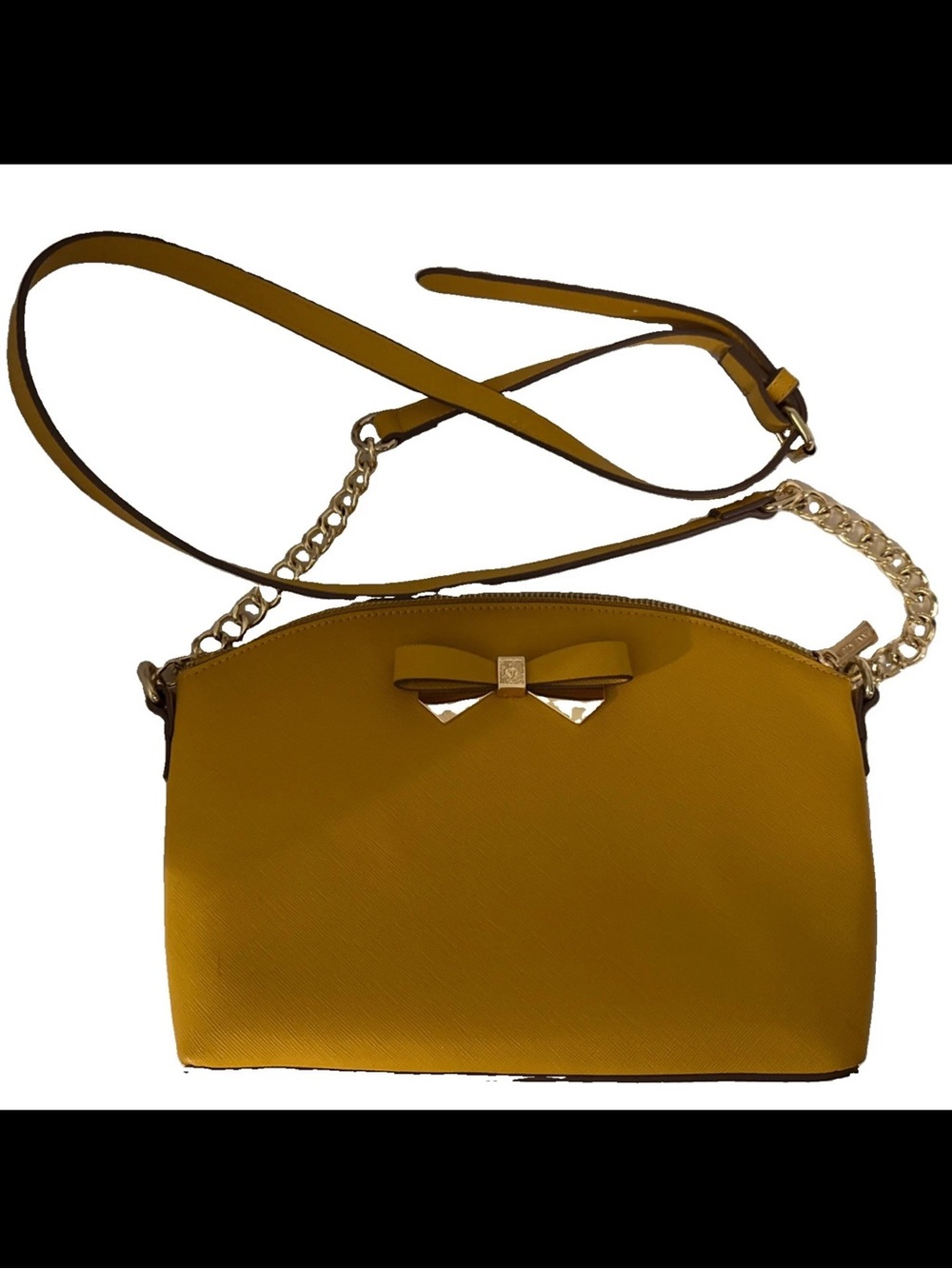 New Anne Klein Mustard Gold Crossbody Bag w/Bow & Adjustable Chain Strap Zipper